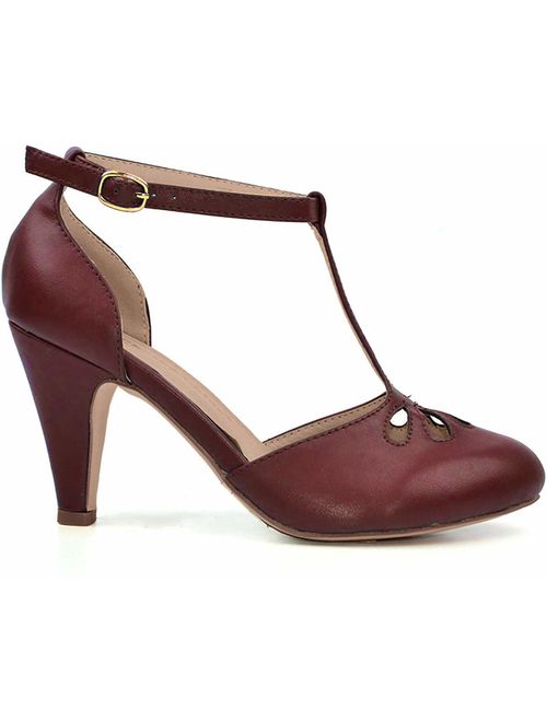 Chase & Chloe New Kimmy-36 Women's Teardrop Cut Out T-Strap Mid Heel Dress Pumps