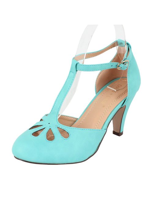 Chase & Chloe New Kimmy-36 Women's Teardrop Cut Out T-Strap Mid Heel Dress Pumps