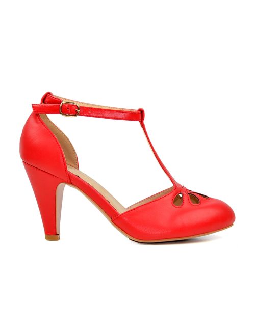 Chase & Chloe New Kimmy-36 Women's Teardrop Cut Out T-Strap Mid Heel Dress Pumps