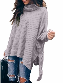 Women Turtlenck Batwing Sleeve High Low Hem Side Slit Waffle Knit Casual Loose Oversized Pullover Sweater Tunic Tops