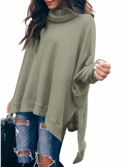 Women Turtlenck Batwing Sleeve High Low Hem Side Slit Waffle Knit Casual Loose Oversized Pullover Sweater Tunic Tops