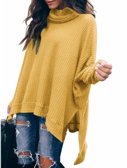 Women Turtlenck Batwing Sleeve High Low Hem Side Slit Waffle Knit Casual Loose Oversized Pullover Sweater Tunic Tops