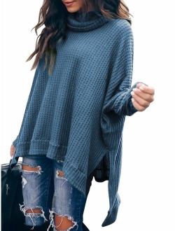 Women Turtlenck Batwing Sleeve High Low Hem Side Slit Waffle Knit Casual Loose Oversized Pullover Sweater Tunic Tops