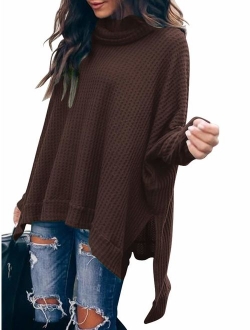 Women Turtlenck Batwing Sleeve High Low Hem Side Slit Waffle Knit Casual Loose Oversized Pullover Sweater Tunic Tops