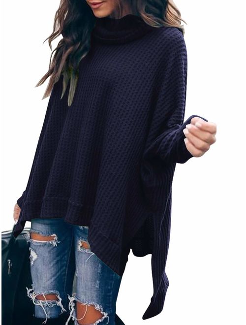 ANRABESS Women Turtlenck Batwing Sleeve High Low Hem Side Slit Waffle Knit Casual Loose Oversized Pullover Sweater Tunic Tops