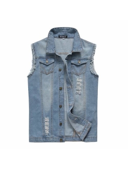 NASKY-Men's Fit Retro Ripped Denim Vest Sleeveless Jean Vest and Jacket