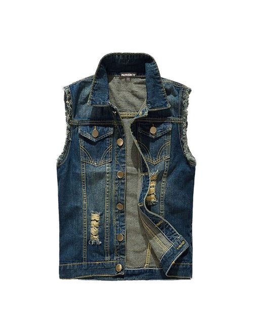 NASKY-Men's Fit Retro Ripped Denim Vest Sleeveless Jean Vest and Jacket