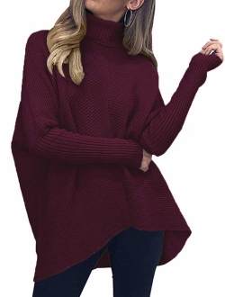 Caracilia Womens Turtleneck Long Sleeve Sweater Irregular Hem Casual Pullover Knit Tops