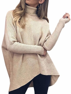 Caracilia Womens Turtleneck Long Sleeve Sweater Irregular Hem Casual Pullover Knit Tops