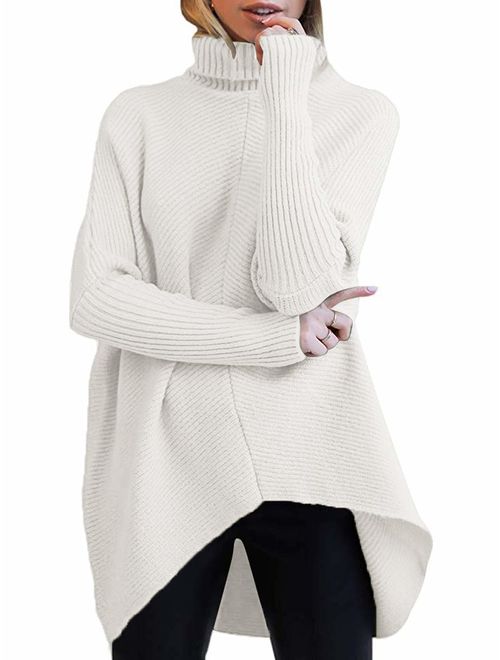 Caracilia Womens Turtleneck Long Sleeve Sweater Irregular Hem Casual Pullover Knit Tops