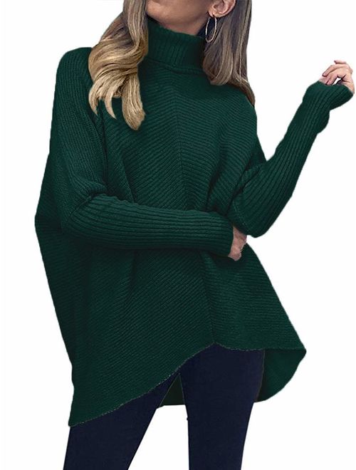 Caracilia Womens Turtleneck Long Sleeve Sweater Irregular Hem Casual Pullover Knit Tops