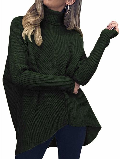 Caracilia Womens Turtleneck Long Sleeve Sweater Irregular Hem Casual Pullover Knit Tops