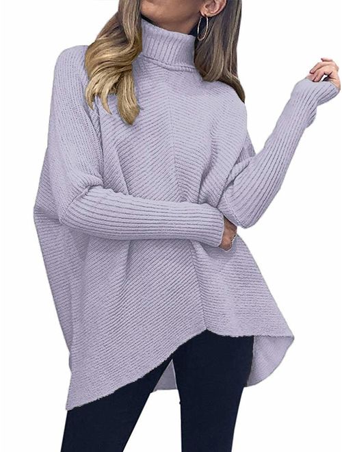 Caracilia Womens Turtleneck Long Sleeve Sweater Irregular Hem Casual Pullover Knit Tops