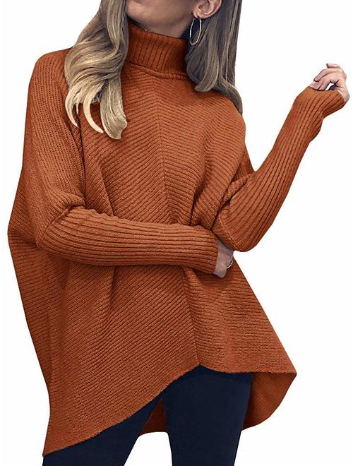 Caracilia Womens Turtleneck Long Sleeve Sweater Irregular Hem Casual Pullover Knit Tops