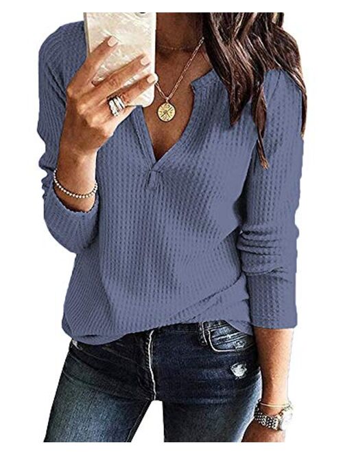 Women's V Neck Waffle Knit Henley Tops Casual Long Sleeve Pullover Sweater Blouses