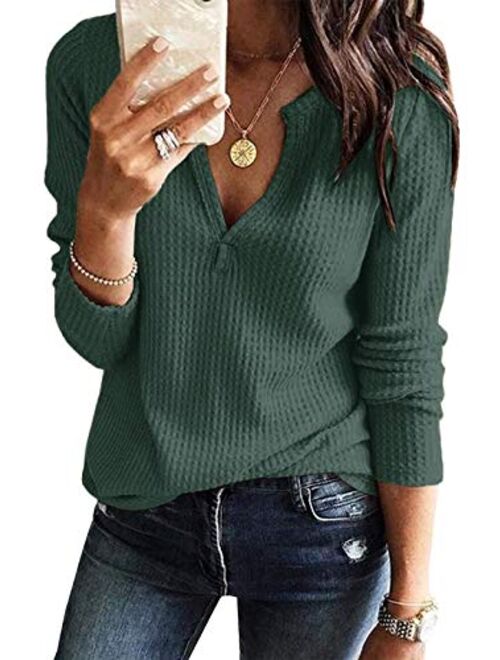 Women's V Neck Waffle Knit Henley Tops Casual Long Sleeve Pullover Sweater Blouses