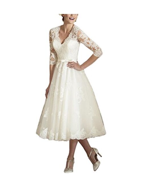 Abaowedding Women's V Neck Long Sleeves Tea Length Short Wedding Dress