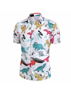 Gleamfut Men's Shirt Cartoon Dinosaur Printed Slim Fit Short Sleeve Button Loose Tops Blouse T-Shirt