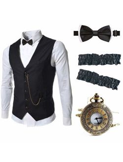 EFORLED Mens 1920s Accessories Gangster Vest Set - Pocket Watch,Armbands,Pre Tied Bow Tie