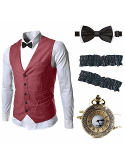 EFORLED Mens 1920s Accessories Gangster Vest Set - Pocket Watch,Armbands,Pre Tied Bow Tie