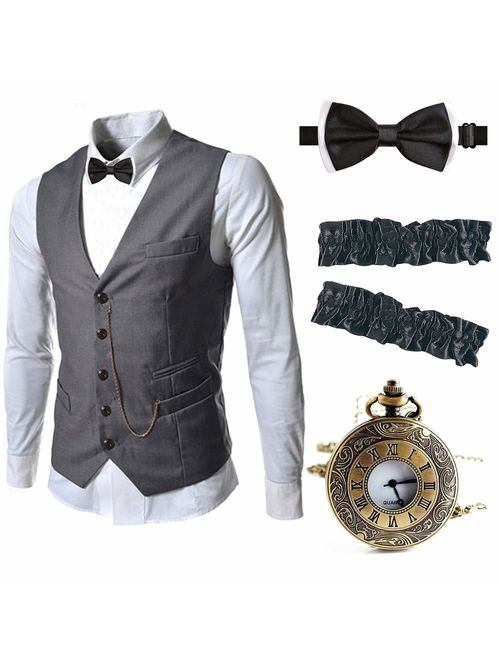 EFORLED Mens 1920s Accessories Gangster Vest Set - Pocket Watch,Armbands,Pre Tied Bow Tie