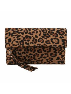 CHARMING TAILOR Leopard Clutch Bag for Women Tassel Foldover Clutch Faux  Suede Dressy Purse for Day to Evening