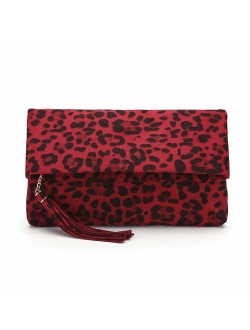 Charming Tailor Leopard Clutch Bag for Women Tassel Foldover Clutch Faux Suede Dressy Purse for Day to Evening