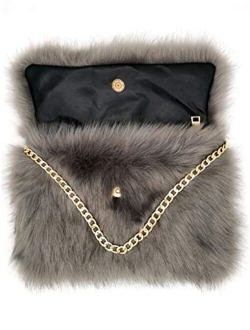 FHQHTH Faux Fur Purse Fuzzy Handbags for Women Evening Handbags Al alloy Shoulder Strap