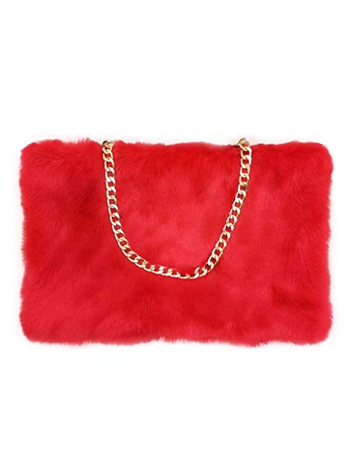 FHQHTH Faux Fur Purse Fuzzy Handbags for Women Evening Handbags Al alloy Shoulder Strap