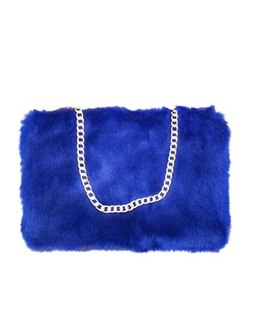 FHQHTH Faux Fur Purse Fuzzy Handbags for Women Evening Handbags Al alloy Shoulder Strap