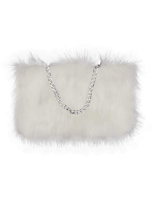 FHQHTH Faux Fur Purse Fuzzy Handbags for Women Evening Handbags Al alloy Shoulder Strap