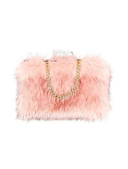 FHQHTH Faux Fur Purse Fuzzy Handbags for Women Evening Handbags Al alloy Shoulder Strap