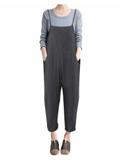 CNFIO Women Baggy Overalls Cotton Casual Strappy Jumpsuits Playsuit with Pockets