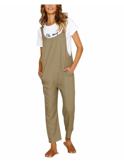 CNFIO Women Baggy Overalls Cotton Casual Strappy Jumpsuits Playsuit with Pockets