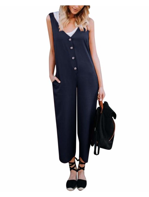 CNFIO Women Baggy Overalls Cotton Casual Strappy Jumpsuits Playsuit with Pockets