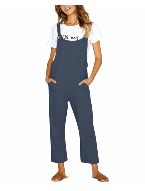 CNFIO Women Baggy Overalls Cotton Casual Strappy Jumpsuits Playsuit with Pockets