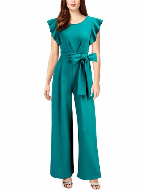 Knitee Women's Vintage Sleeveless Ruffle High Waist Wide Leg Romper Formal Long Jumpsuit with Belt