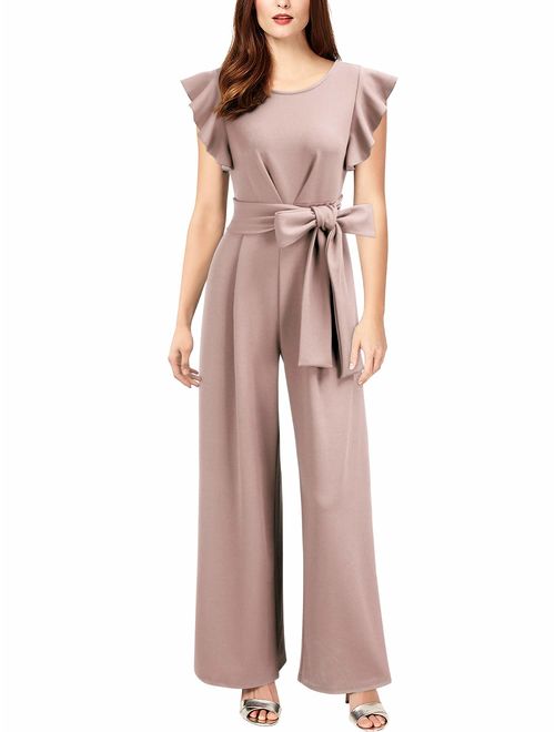 Knitee Women's Vintage Sleeveless Ruffle High Waist Wide Leg Romper Formal Long Jumpsuit with Belt