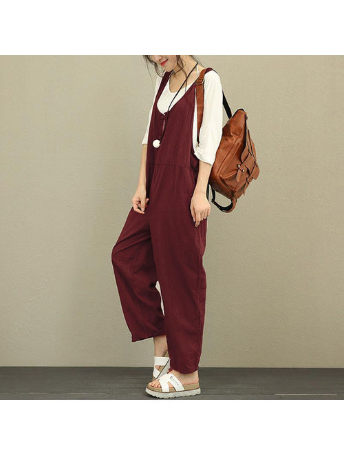 Women's Fashion Sleeveless Cotton Linen Loose Jumpsuits