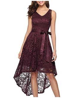 BeryLove Women's Floral Lace Hi-Lo Bridesmaid Dress V Neck Cocktail Formal Swing Dress