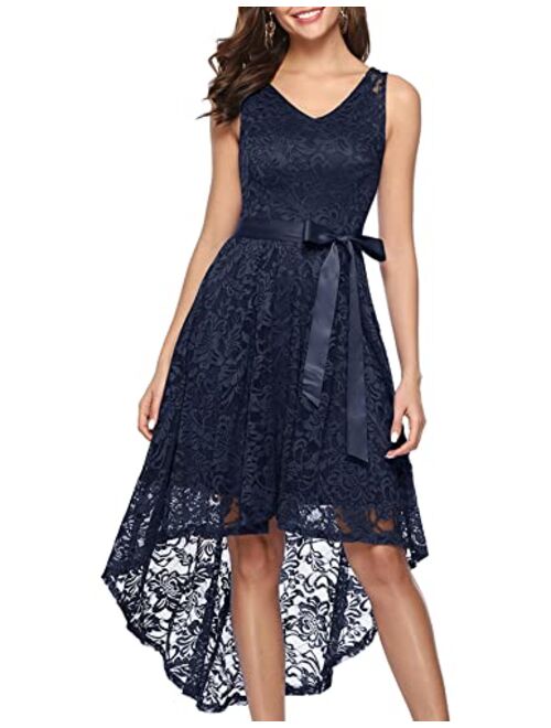 BeryLove Women's Floral Lace Hi-Lo Bridesmaid Dress V Neck Cocktail Formal Swing Dress