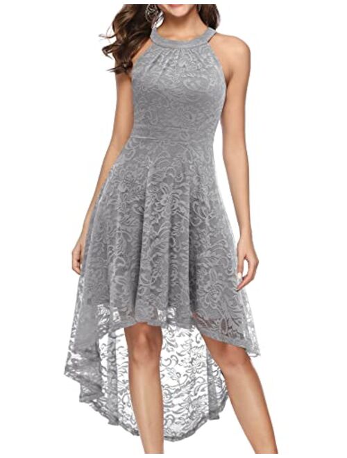 BeryLove Women's Floral Lace Hi-Lo Bridesmaid Dress V Neck Cocktail Formal Swing Dress