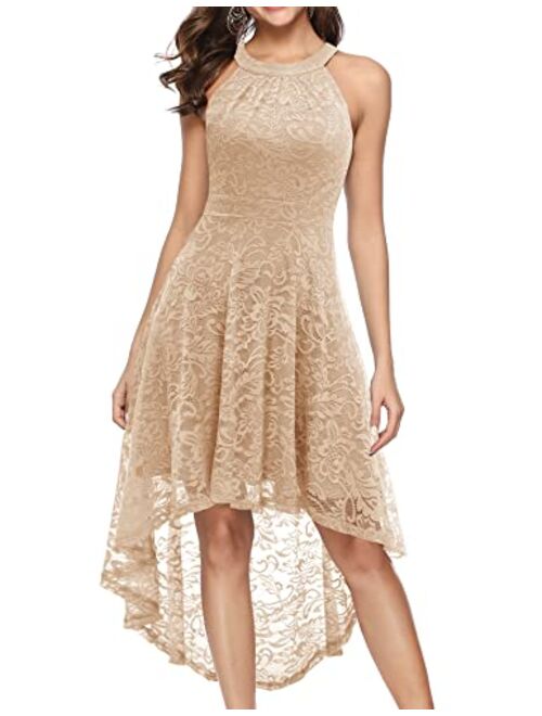 BeryLove Women's Floral Lace Hi-Lo Bridesmaid Dress V Neck Cocktail Formal Swing Dress