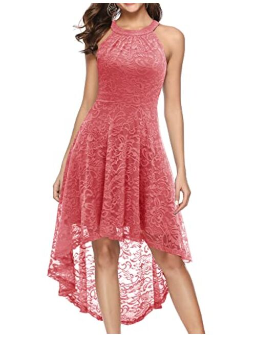 BeryLove Women's Floral Lace Hi-Lo Bridesmaid Dress V Neck Cocktail Formal Swing Dress