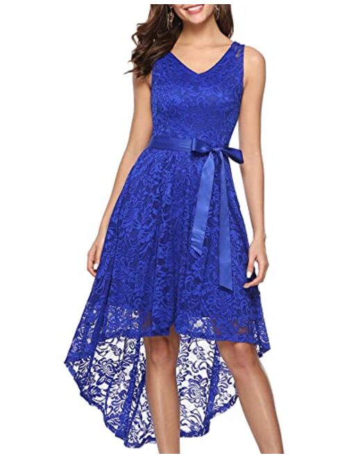 BeryLove Women's Floral Lace Hi-Lo Bridesmaid Dress V Neck Cocktail Formal Swing Dress