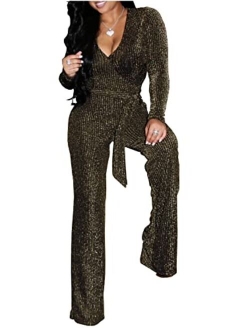 LightlyKiss Women Casual Sexy V Neck Sparkly Jumpsuits Long Sleeve Onesie Loose Pants Party Clubwear with Belt