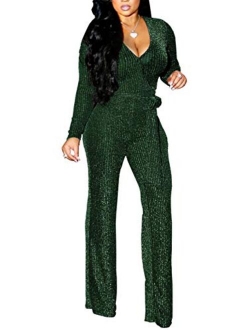 LightlyKiss Women Casual Sexy V Neck Sparkly Jumpsuits Long Sleeve Onesie Loose Pants Party Clubwear with Belt