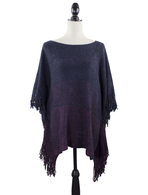 Styles I Love Womens Knit Two Tone Batwing Fringe Poncho Cardigan Pullover Cozy Sweater Wrap Jacket (Navy Blue)