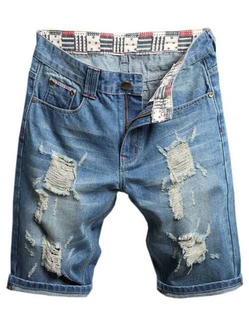 Betusline Men's Ripped Denim Shorts