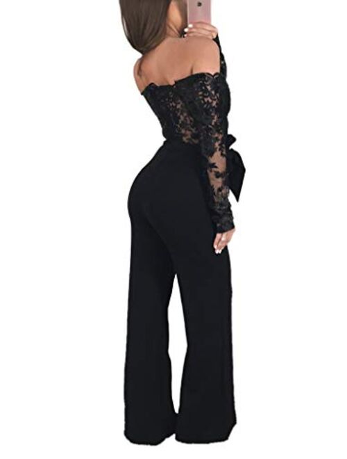 Ophestin Women Sexy Off Shoulder Floral Lace Long Sleeve Bodycon Wide Leg Jumpsuits Rompers with Belt